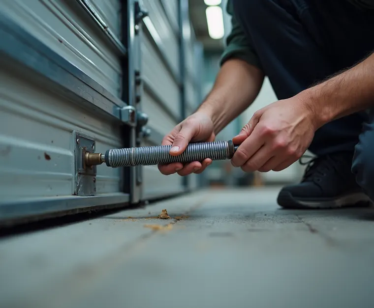 A technician replacing a garage door spring and cable