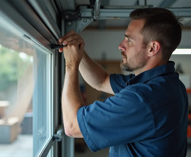 A technician fitting a garage door panel