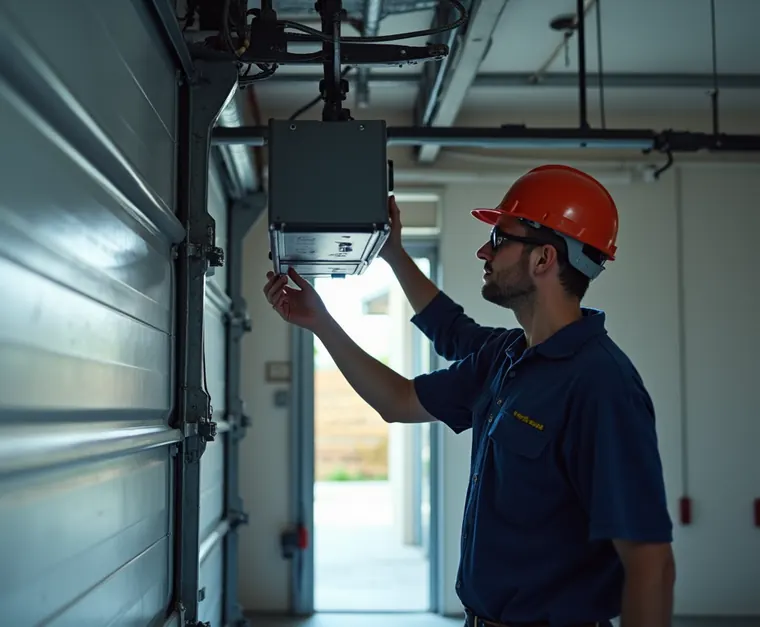 A technician working on the track of a garage door