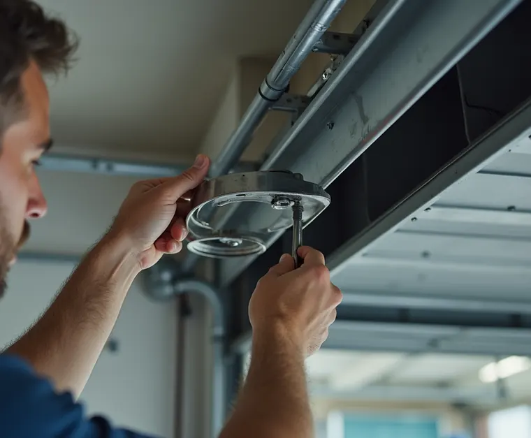 A technician adjusting a garage door roller bracket
