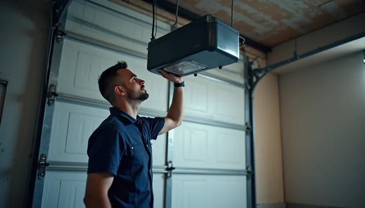 Eye-level view of a technician inspecting a garage door opener
