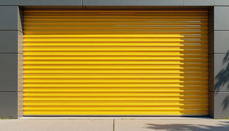 Close-up view of a steel golden garage door with insulation panels