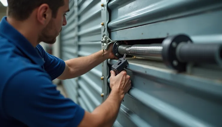 Close-up view of a technician repairing a garage door spring