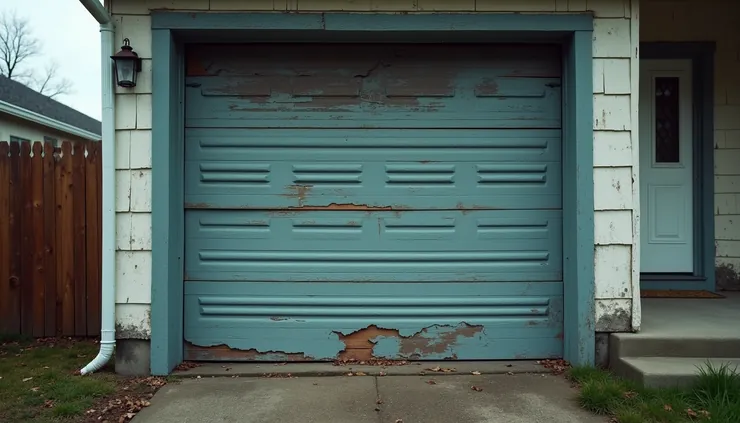 Eye-level view of a garage door with visible damage after a storm