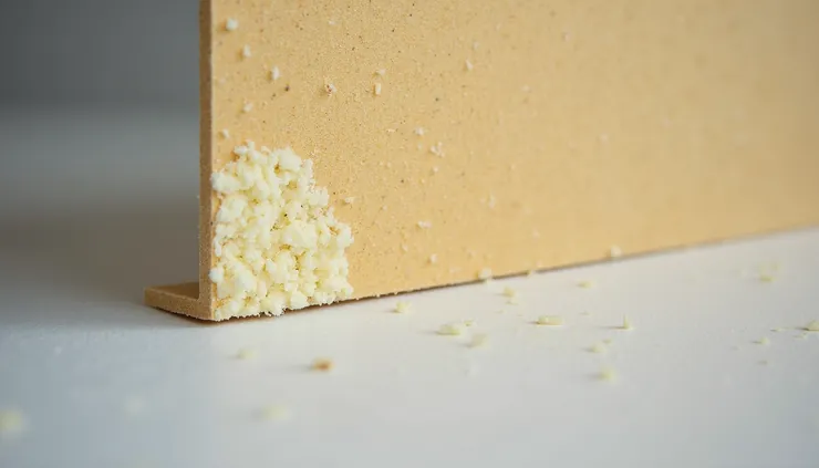 Close-up view of foam board insulation cut to fit garage door panel