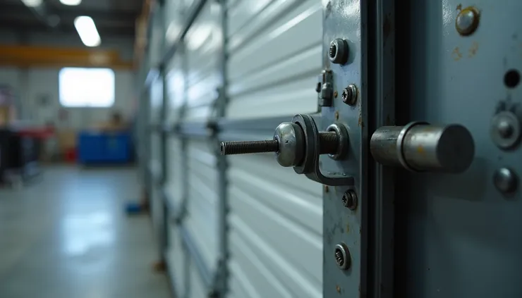 Eye-level view of garage door springs and hinges being lubricated