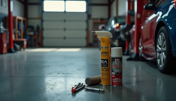 High angle view of garage door maintenance tools and lubricants