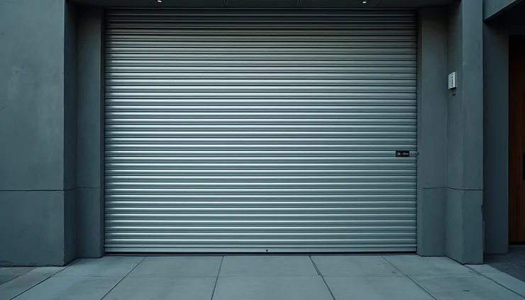 Eye-level view of a steel garage door with visible panels
