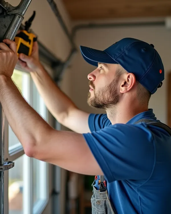 A garage door technician at work on an opener track